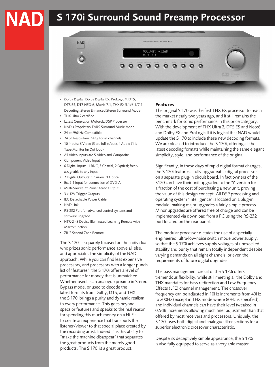 NAD Surround Sound Preamp Processor S 170i User Manual | 4 pages