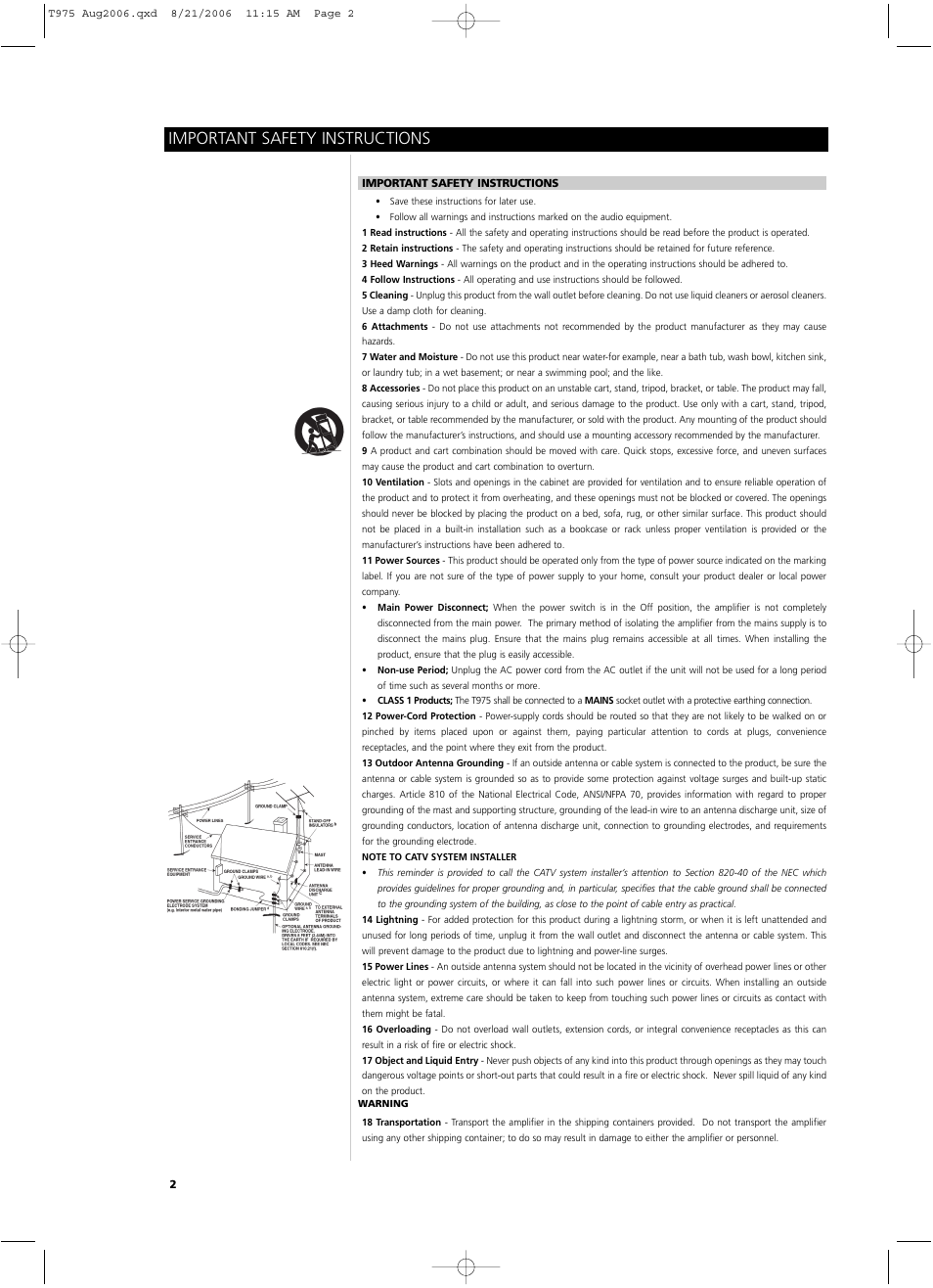 Important safety instructions | NAD T975 User Manual | Page 2 / 54