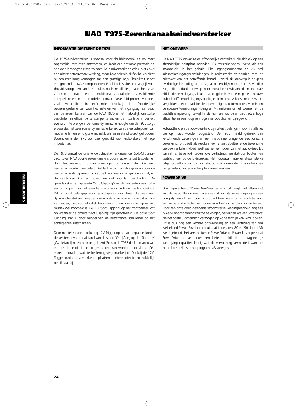 Nad t975-zevenkanaalseindversterker | NAD T975 User Manual | Page 24 / 54