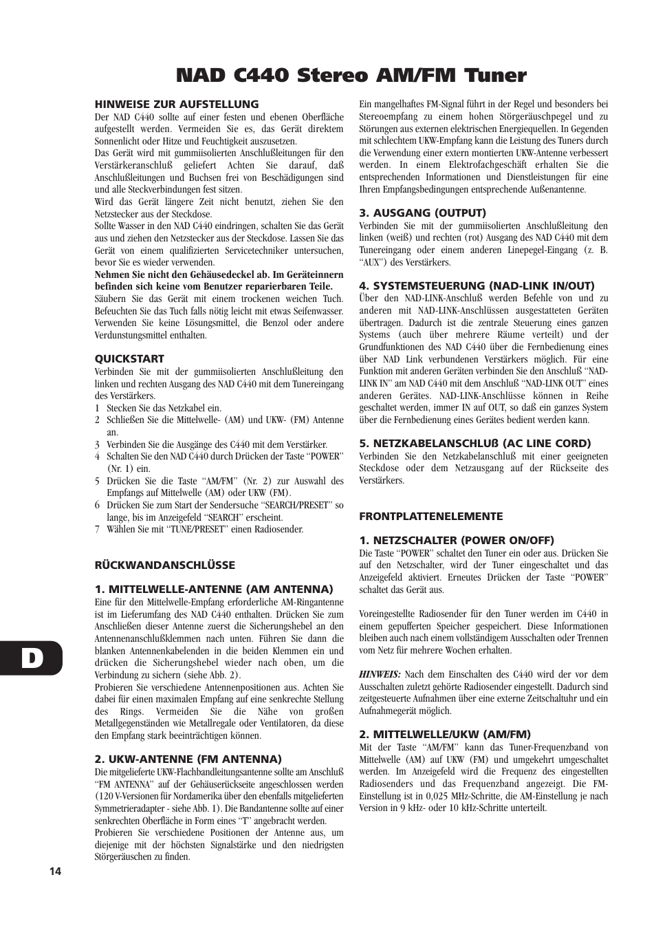 Nad c440 stereo am/fm tuner | NAD C440 User Manual | Page 14 / 38