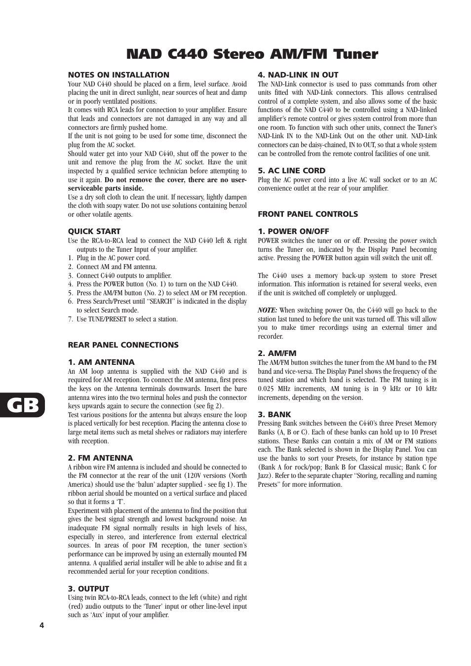 Nad c440 stereo am/fm tuner | NAD C440 User Manual | Page 4 / 38