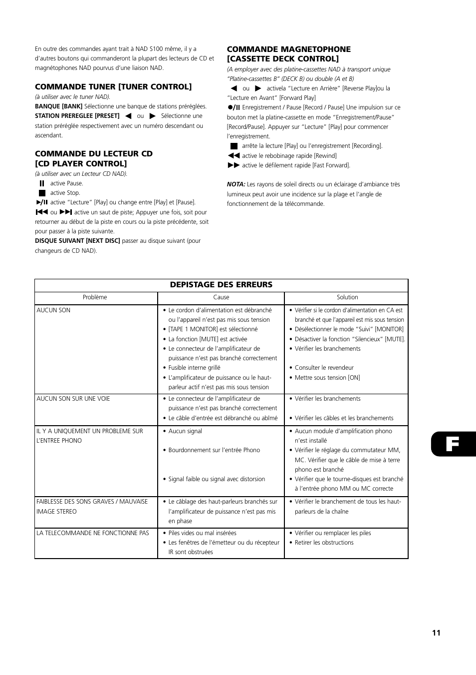 Commande tuner [tuner control, Commande du lecteur cd [cd player control, Commande magnetophone [cassette deck control | 11 depistage des erreurs | NAD S100 User Manual | Page 11 / 32