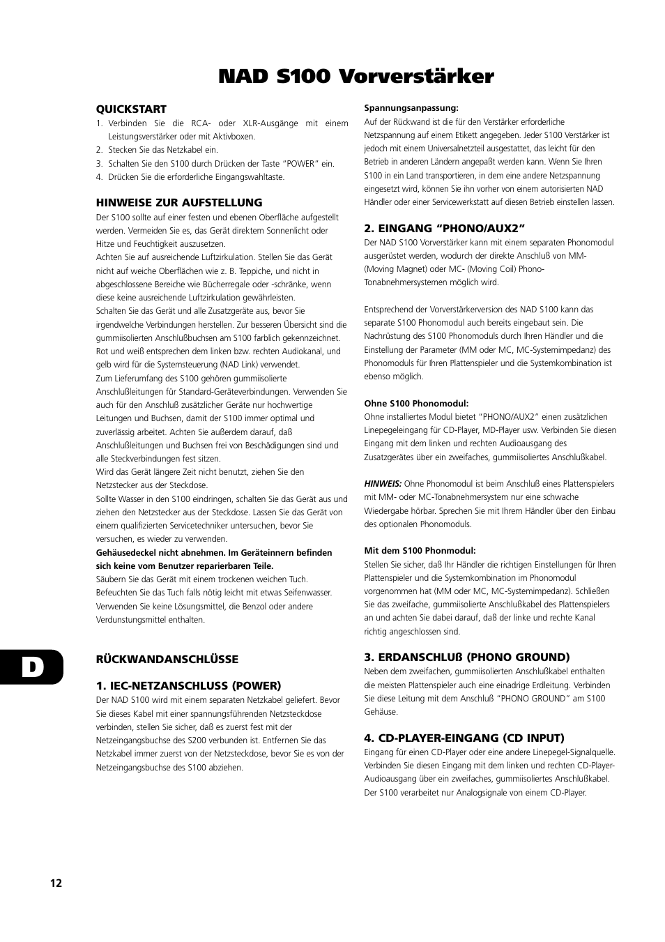 Nad s100 vorverstärker | NAD S100 User Manual | Page 12 / 32