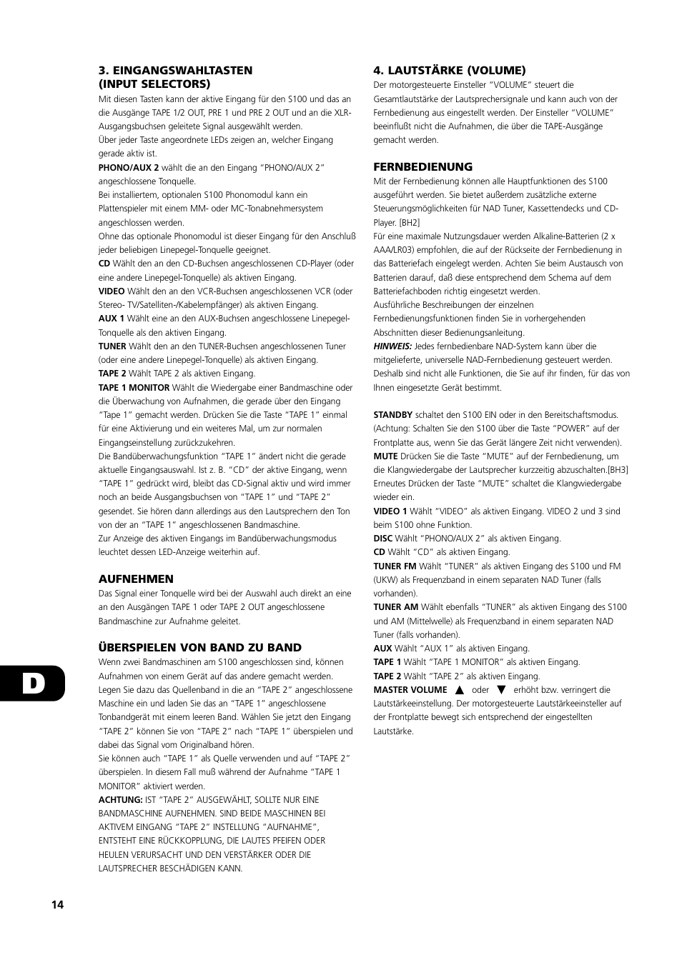 Eingangswahltasten (input selectors), Aufnehmen, Überspielen von band zu band | Lautstärke (volume), Fernbedienung | NAD S100 User Manual | Page 14 / 32