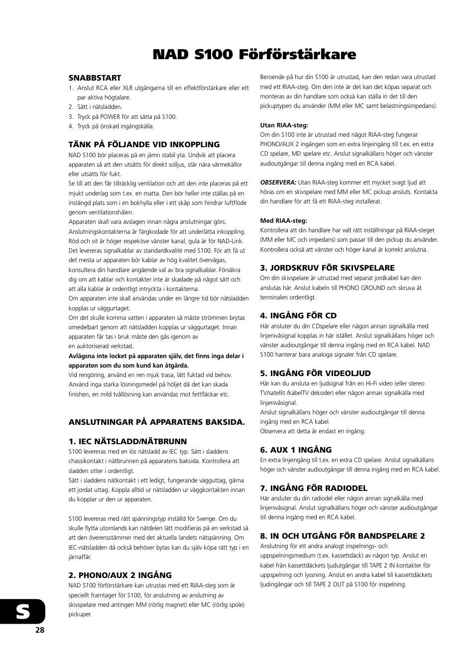 Nad s100 förförstärkare | NAD S100 User Manual | Page 28 / 32