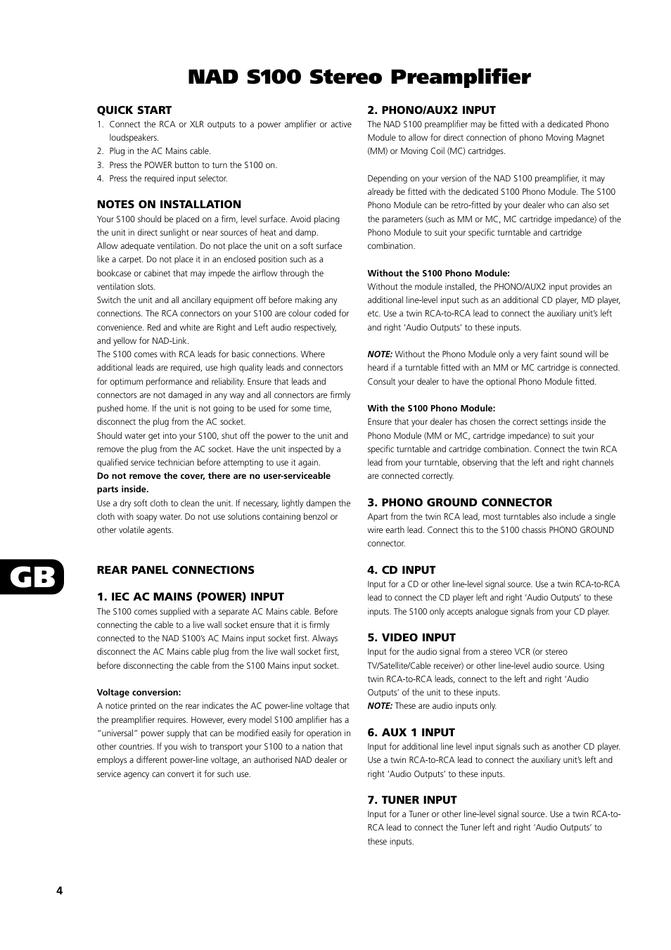 Nad s100 stereo preamplifier | NAD S100 User Manual | Page 4 / 32