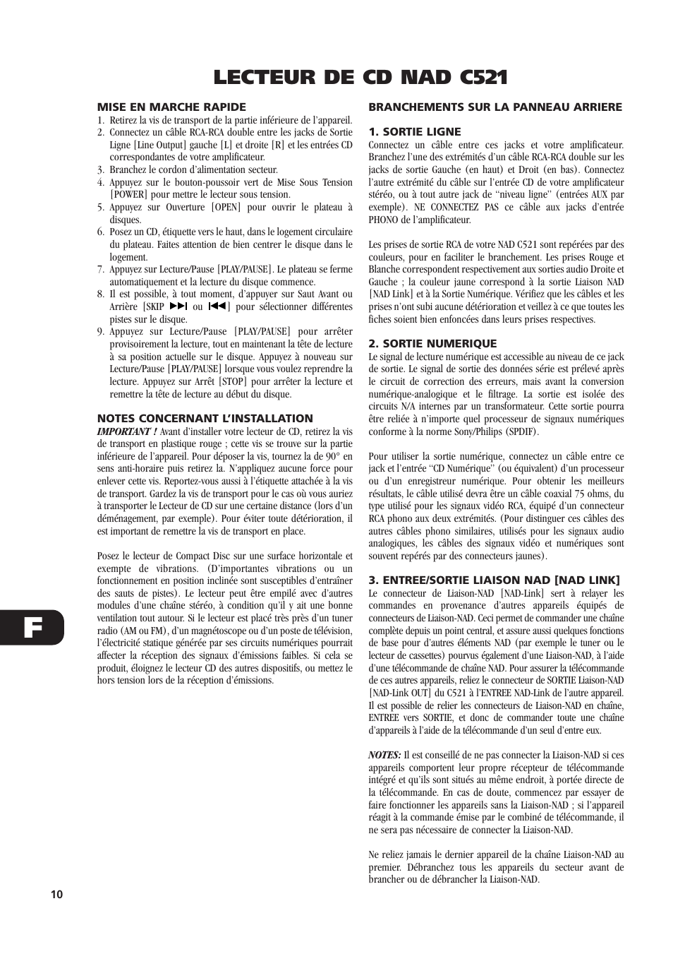 Lecteur de cd nad c521 | NAD C521 User Manual | Page 10 / 44