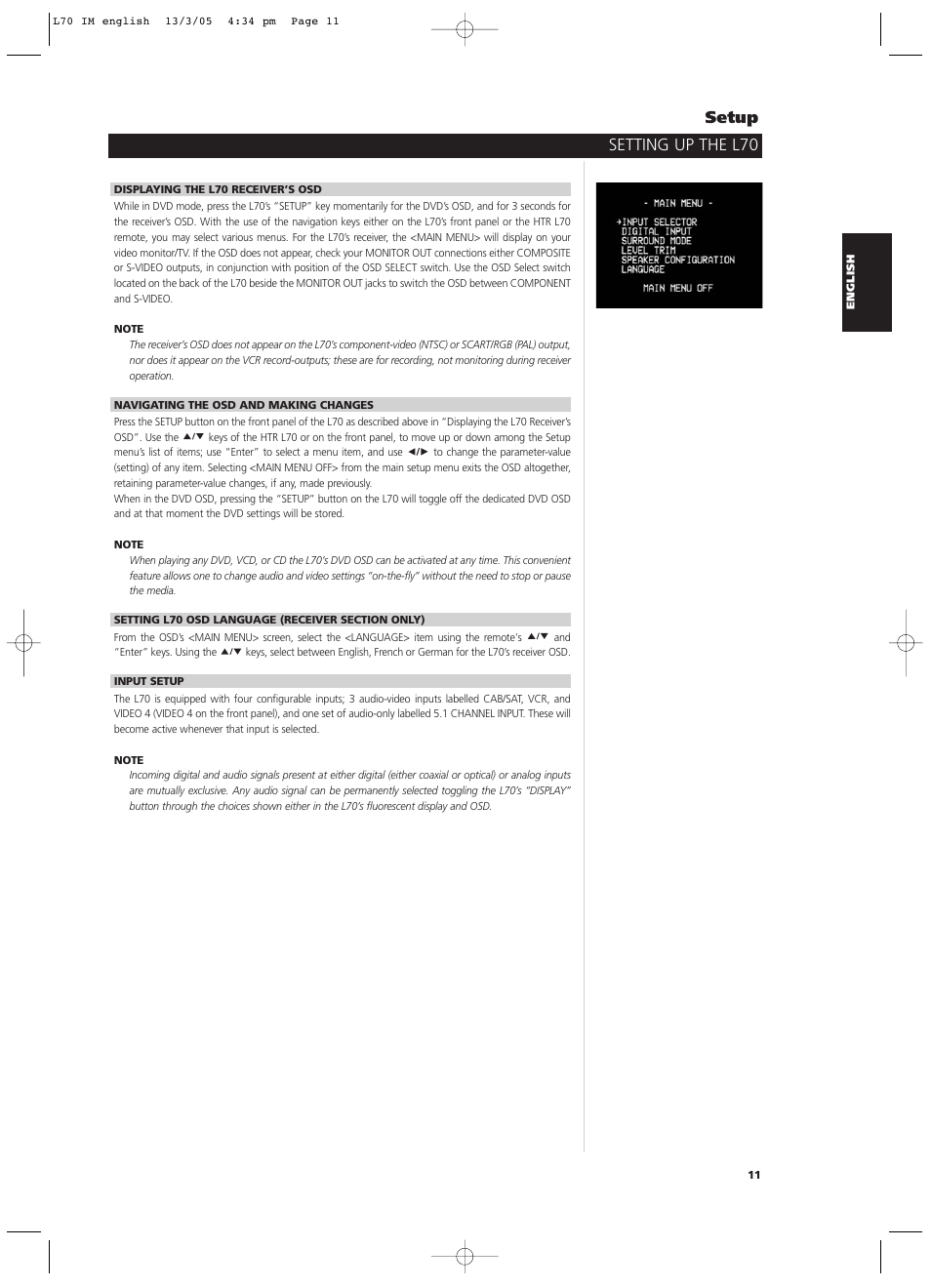 Setting up the l70 setup | NAD L 70 User Manual | Page 11 / 34