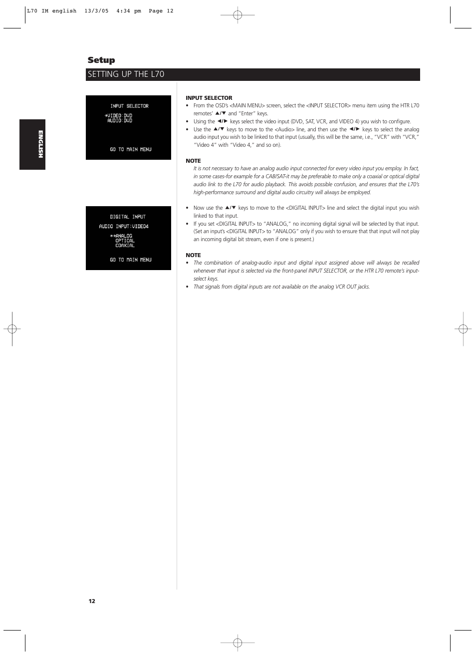 Setting up the l70 setup | NAD L 70 User Manual | Page 12 / 34