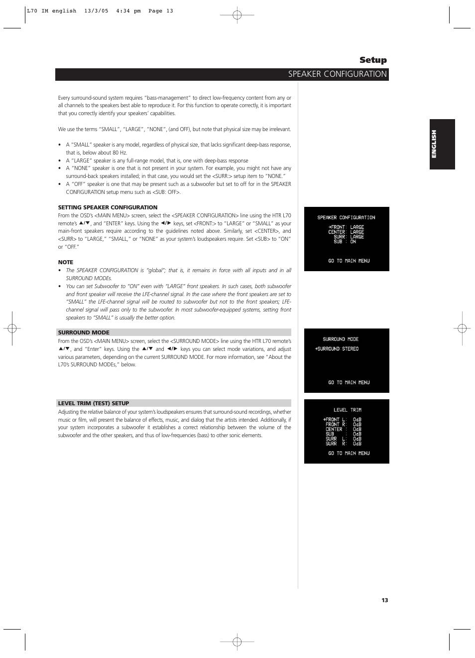 Speaker configuration setup | NAD L 70 User Manual | Page 13 / 34