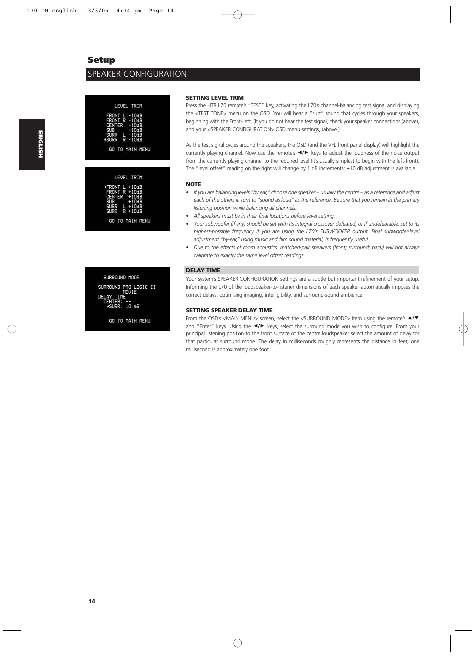 Speaker configuration setup | NAD L 70 User Manual | Page 14 / 34