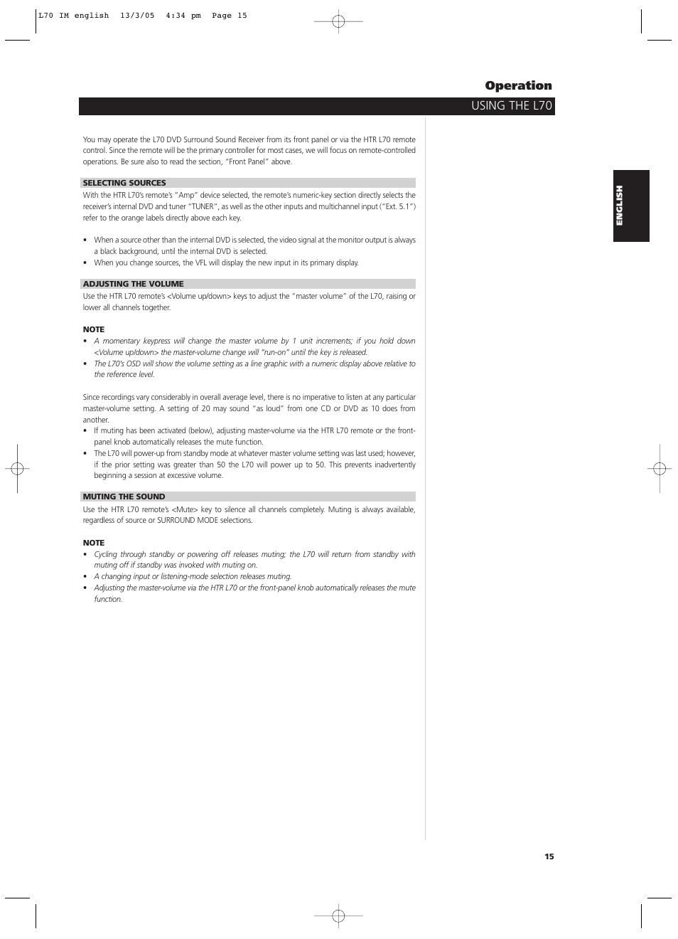 Using the l70 operation | NAD L 70 User Manual | Page 15 / 34