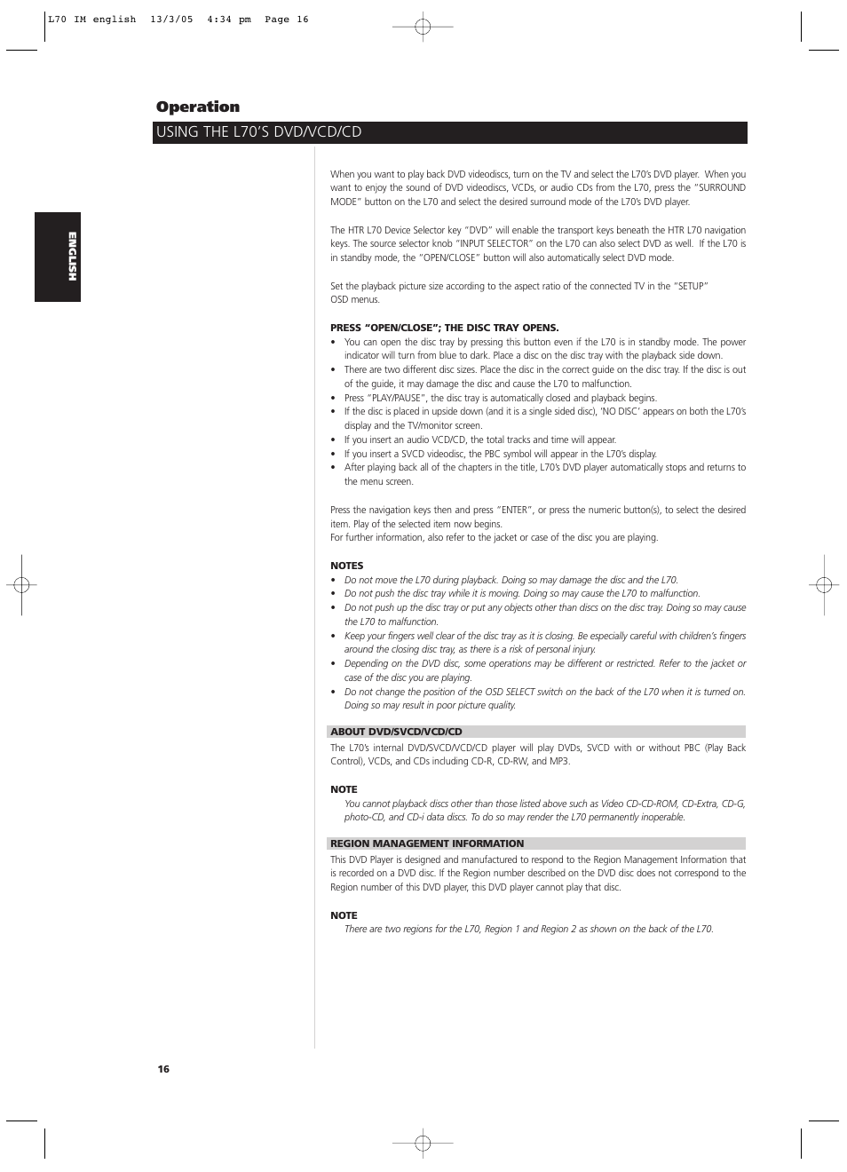 Using the l70’s dvd/vcd/cd operation | NAD L 70 User Manual | Page 16 / 34