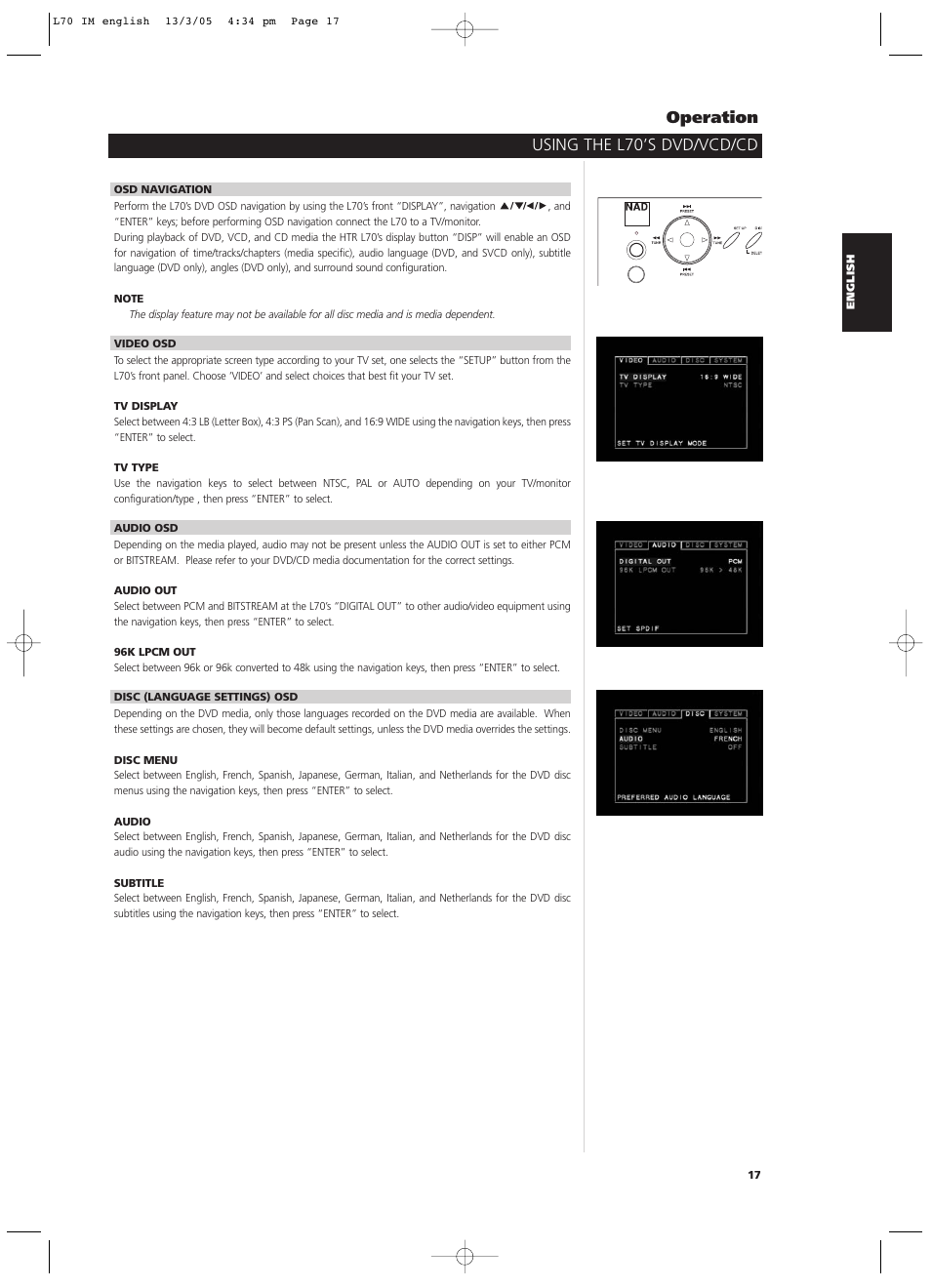 Using the l70’s dvd/vcd/cd operation | NAD L 70 User Manual | Page 17 / 34