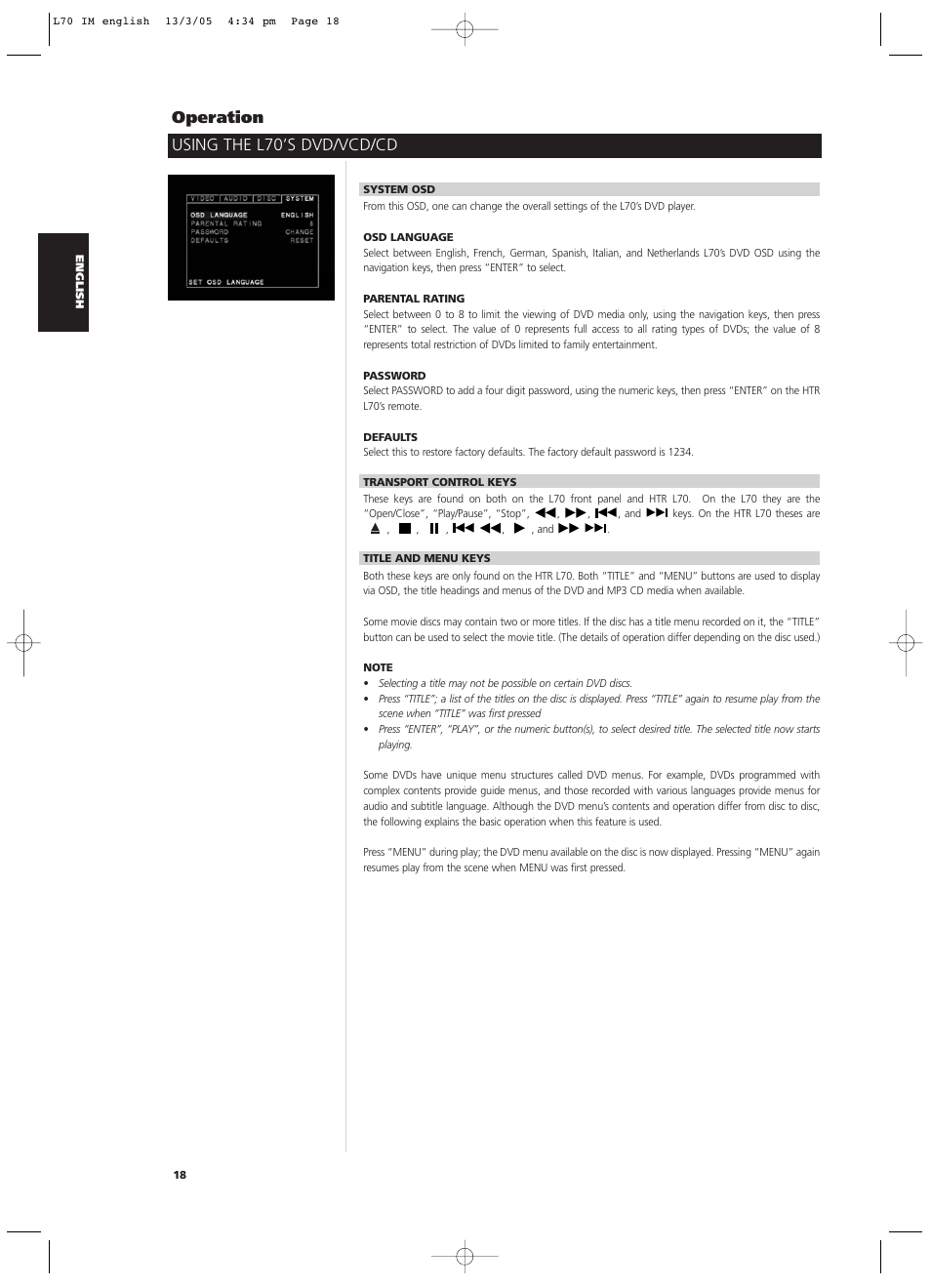 Using the l70’s dvd/vcd/cd operation | NAD L 70 User Manual | Page 18 / 34