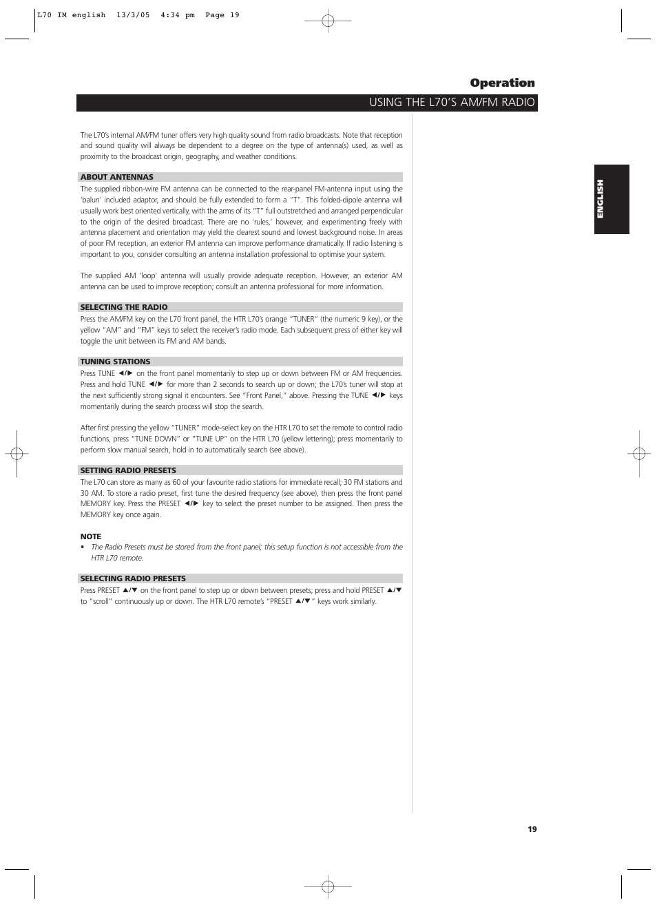Using the l70’s am/fm radio operation | NAD L 70 User Manual | Page 19 / 34