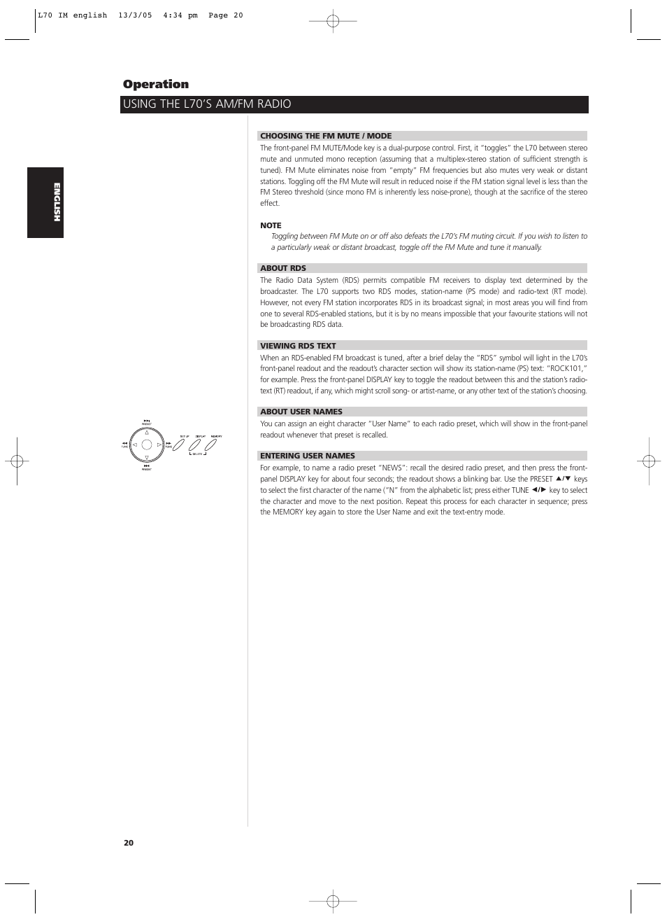 Using the l70’s am/fm radio operation | NAD L 70 User Manual | Page 20 / 34