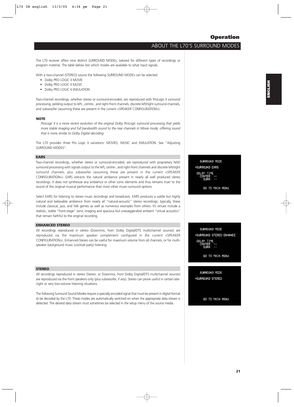 About the l70’s surround modes operation | NAD L 70 User Manual | Page 21 / 34