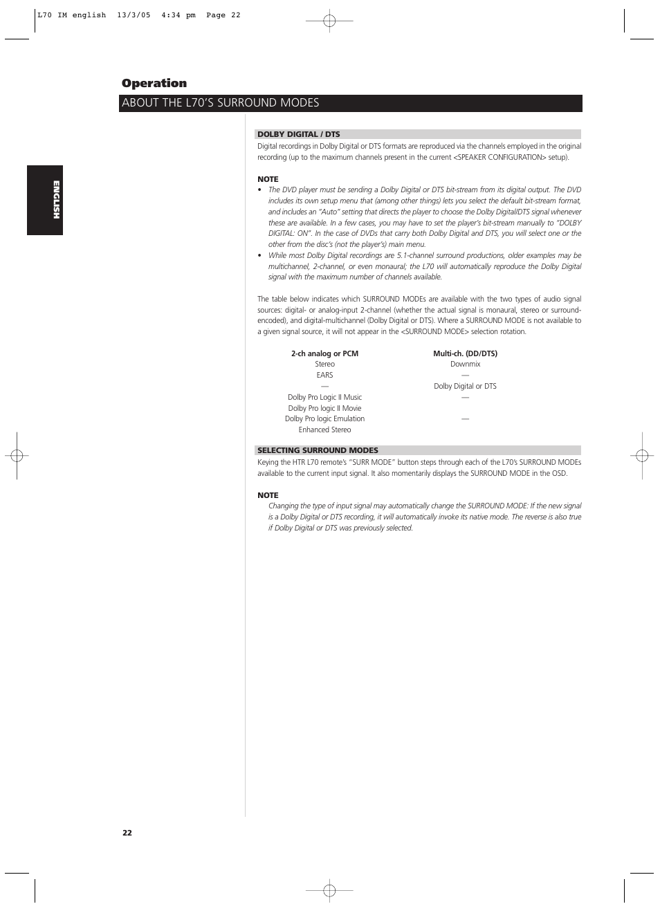 About the l70’s surround modes operation | NAD L 70 User Manual | Page 22 / 34