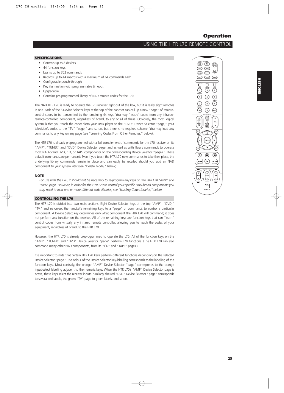 Using the htr l70 remote control operation | NAD L 70 User Manual | Page 25 / 34