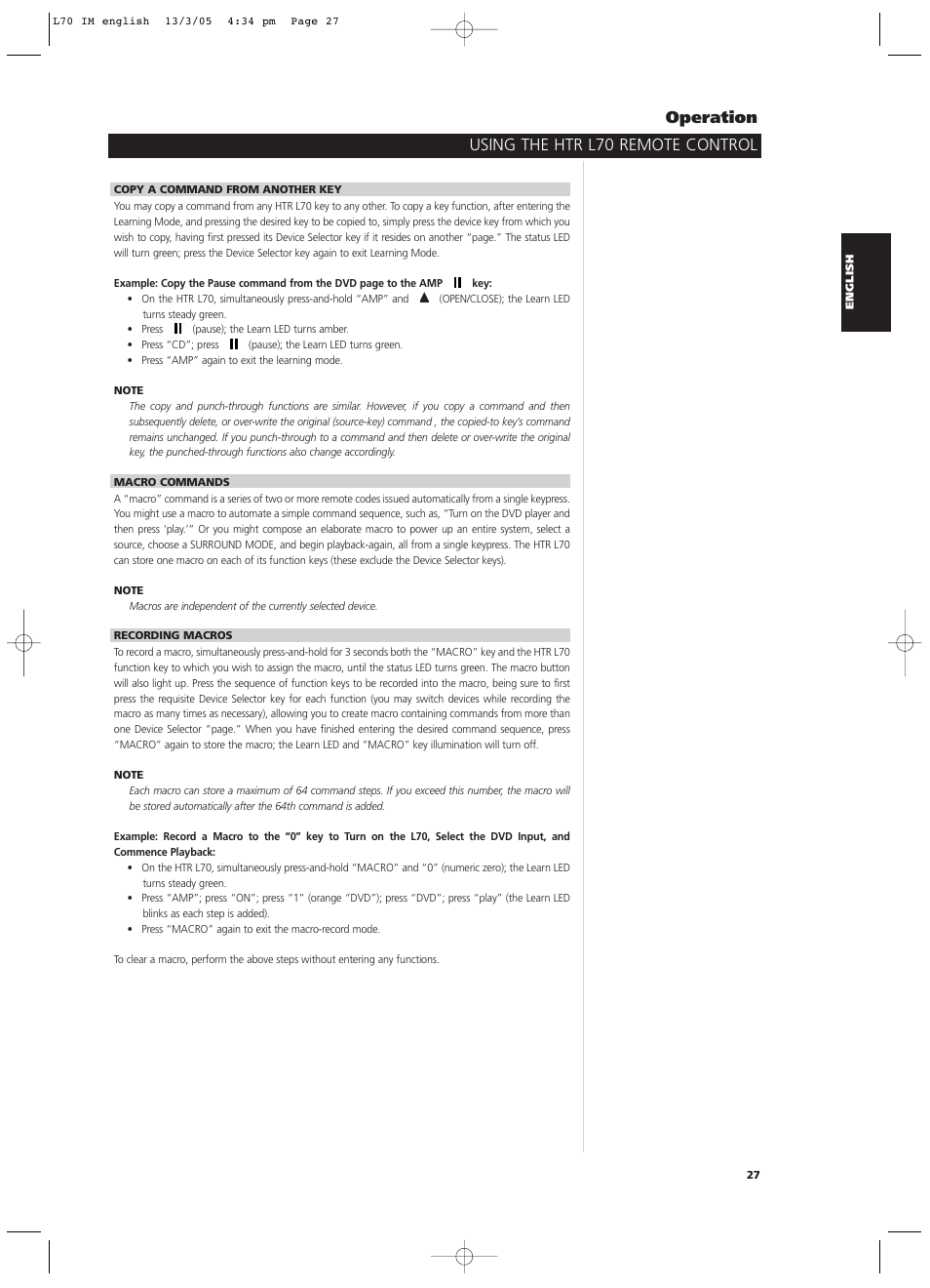 Using the htr l70 remote control operation | NAD L 70 User Manual | Page 27 / 34