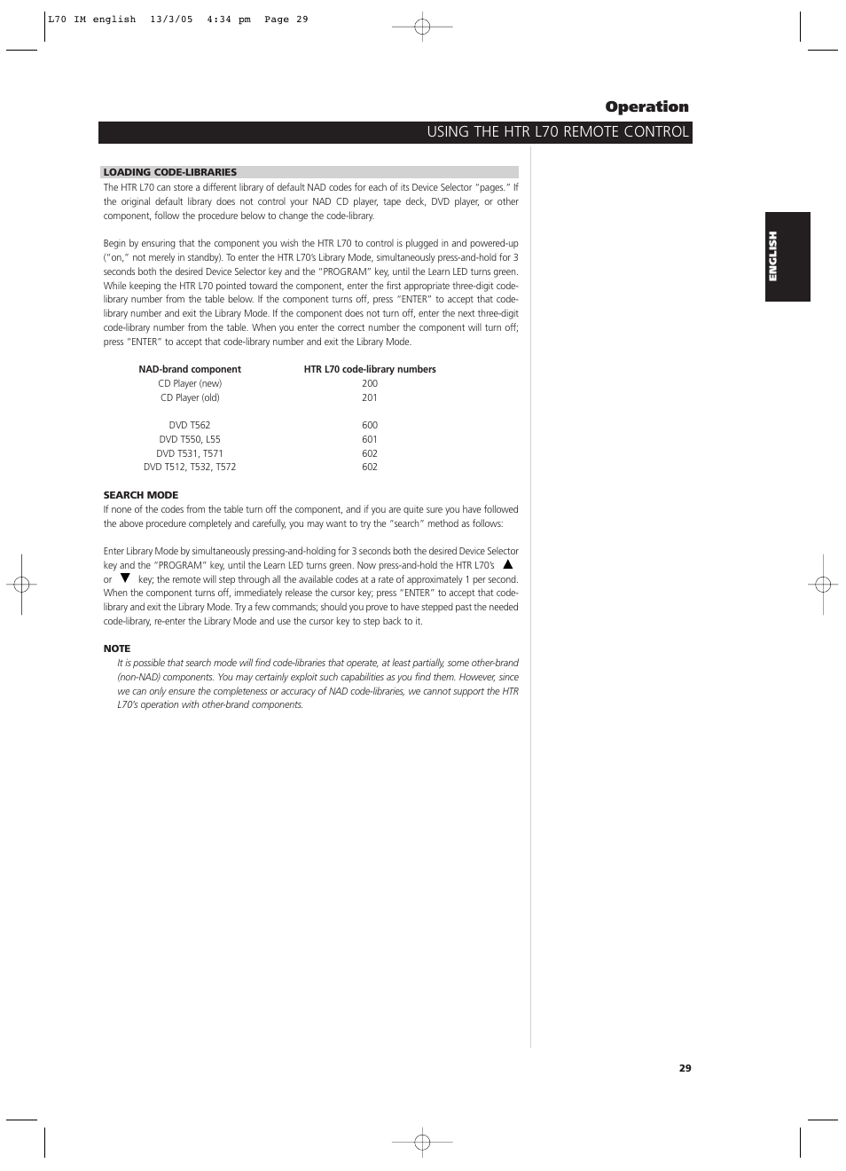 Using the htr l70 remote control operation | NAD L 70 User Manual | Page 29 / 34