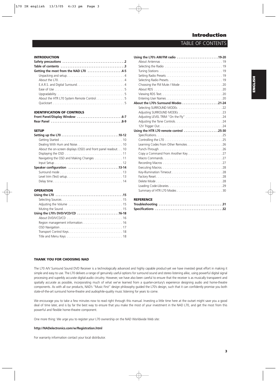 Table of contents introduction | NAD L 70 User Manual | Page 3 / 34