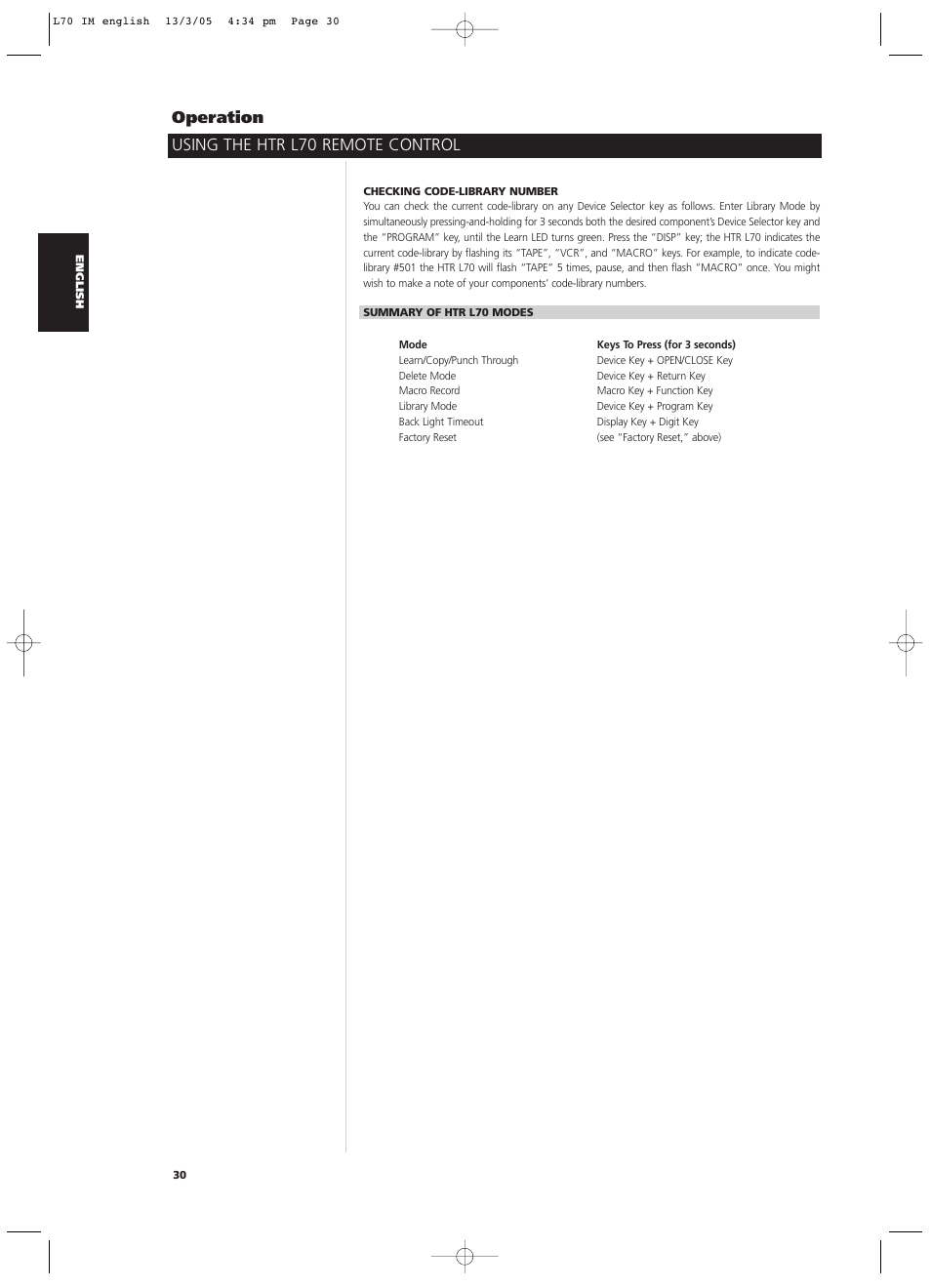 Using the htr l70 remote control operation | NAD L 70 User Manual | Page 30 / 34