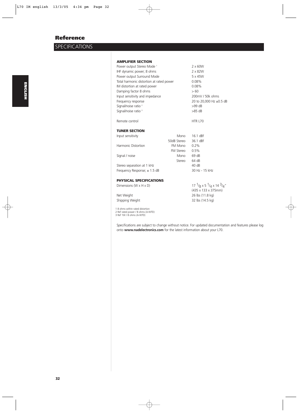 Specifications reference | NAD L 70 User Manual | Page 32 / 34