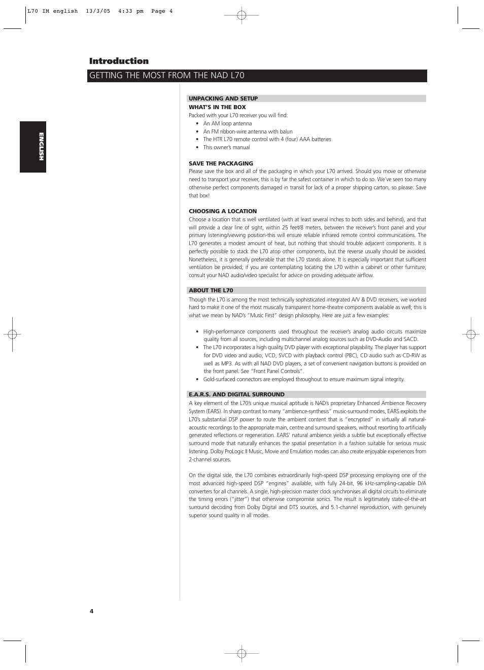 Getting the most from the nad l70 introduction | NAD L 70 User Manual | Page 4 / 34