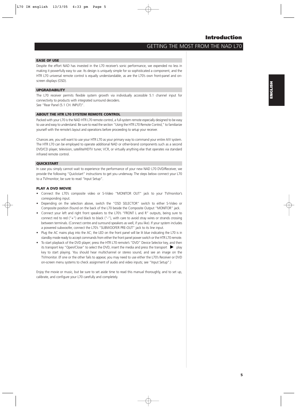Getting the most from the nad l70 introduction | NAD L 70 User Manual | Page 5 / 34