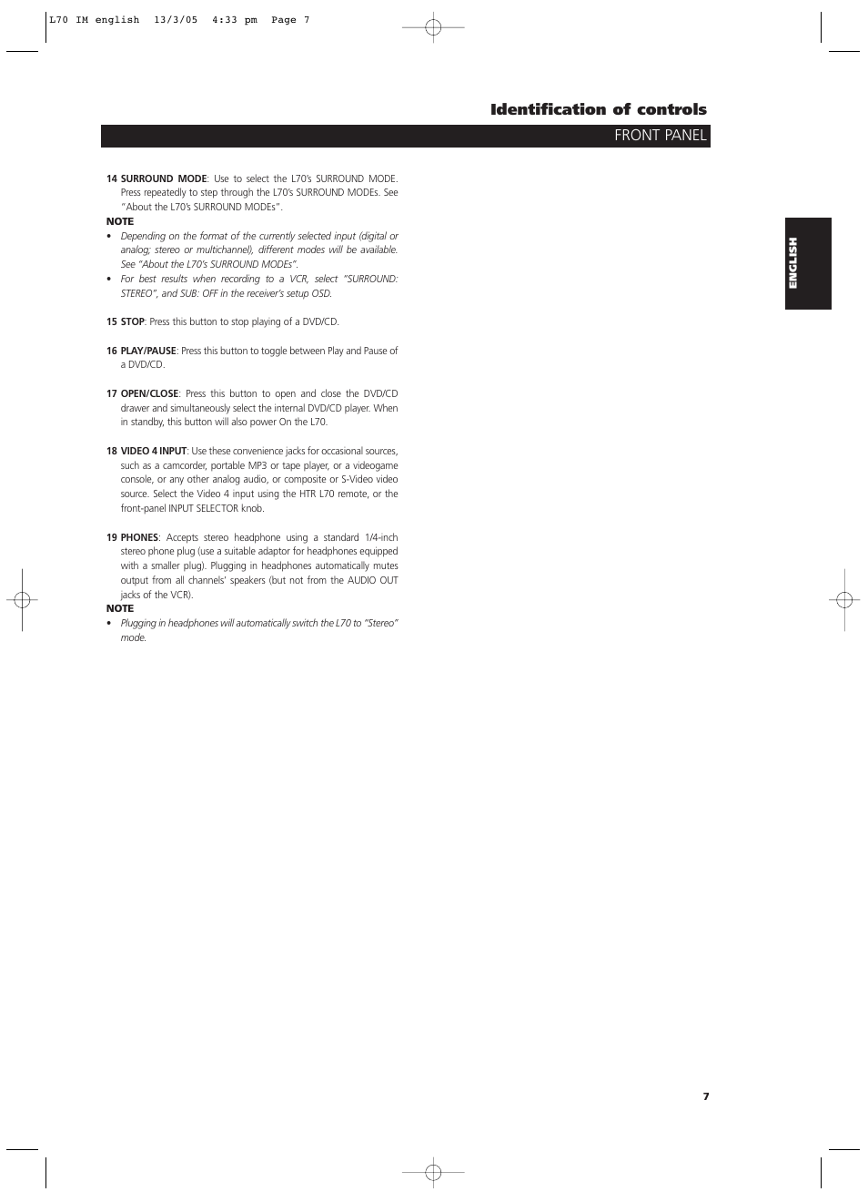 Front panel identification of controls | NAD L 70 User Manual | Page 7 / 34