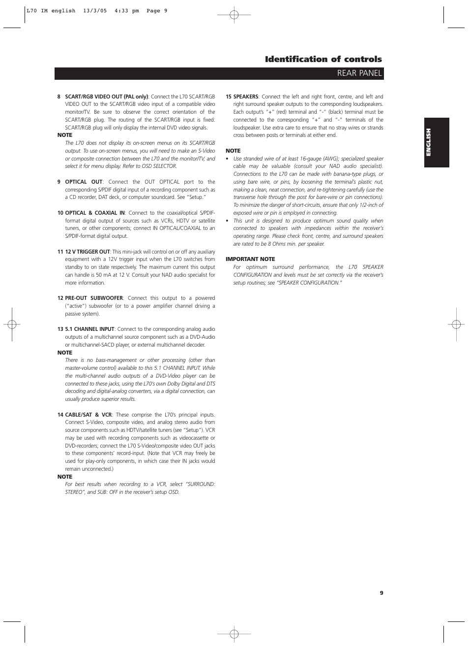 Rear panel identification of controls | NAD L 70 User Manual | Page 9 / 34