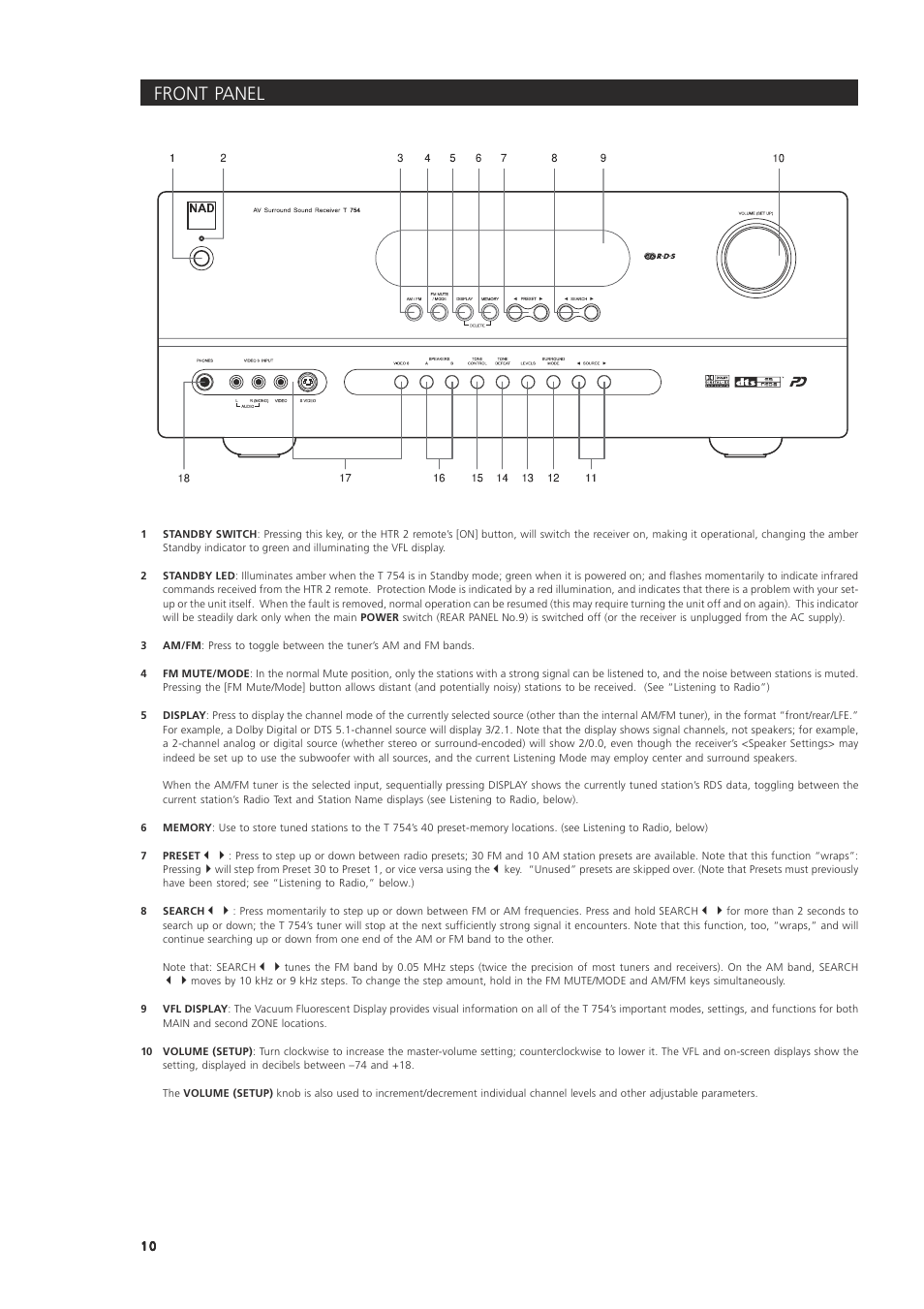 Front panel | NAD T 754 User Manual | Page 10 / 32