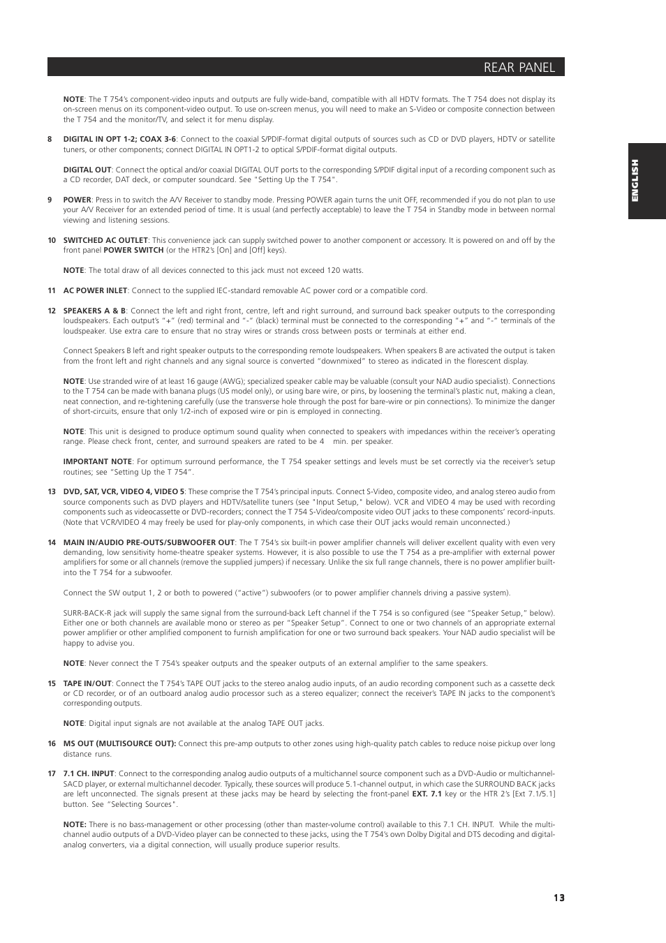 Rear panel | NAD T 754 User Manual | Page 13 / 32