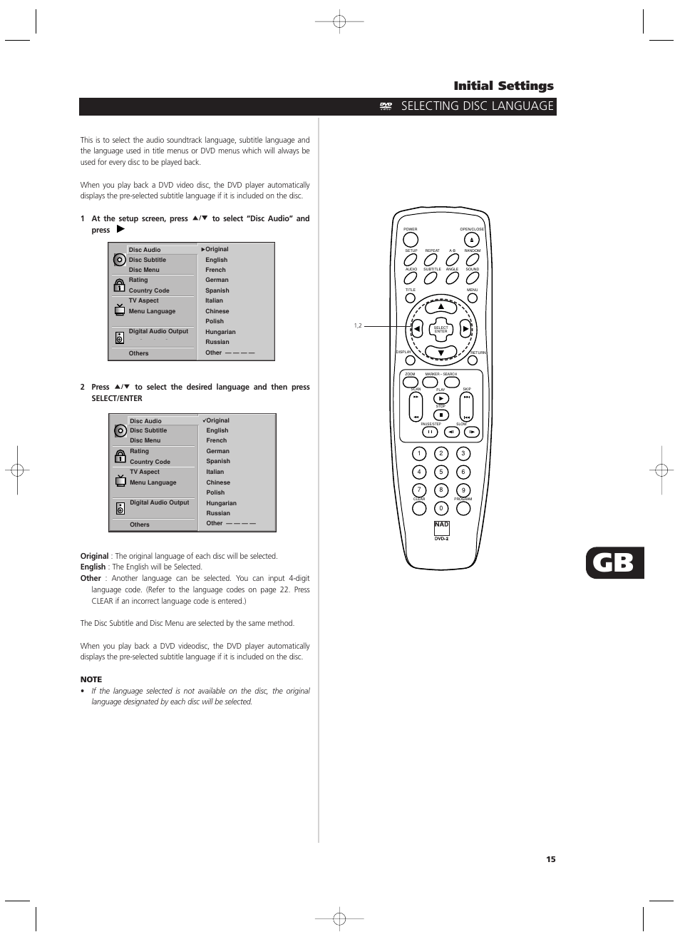 Initial settings, Selecting disc language | NAD T532/T512 User Manual | Page 15 / 42