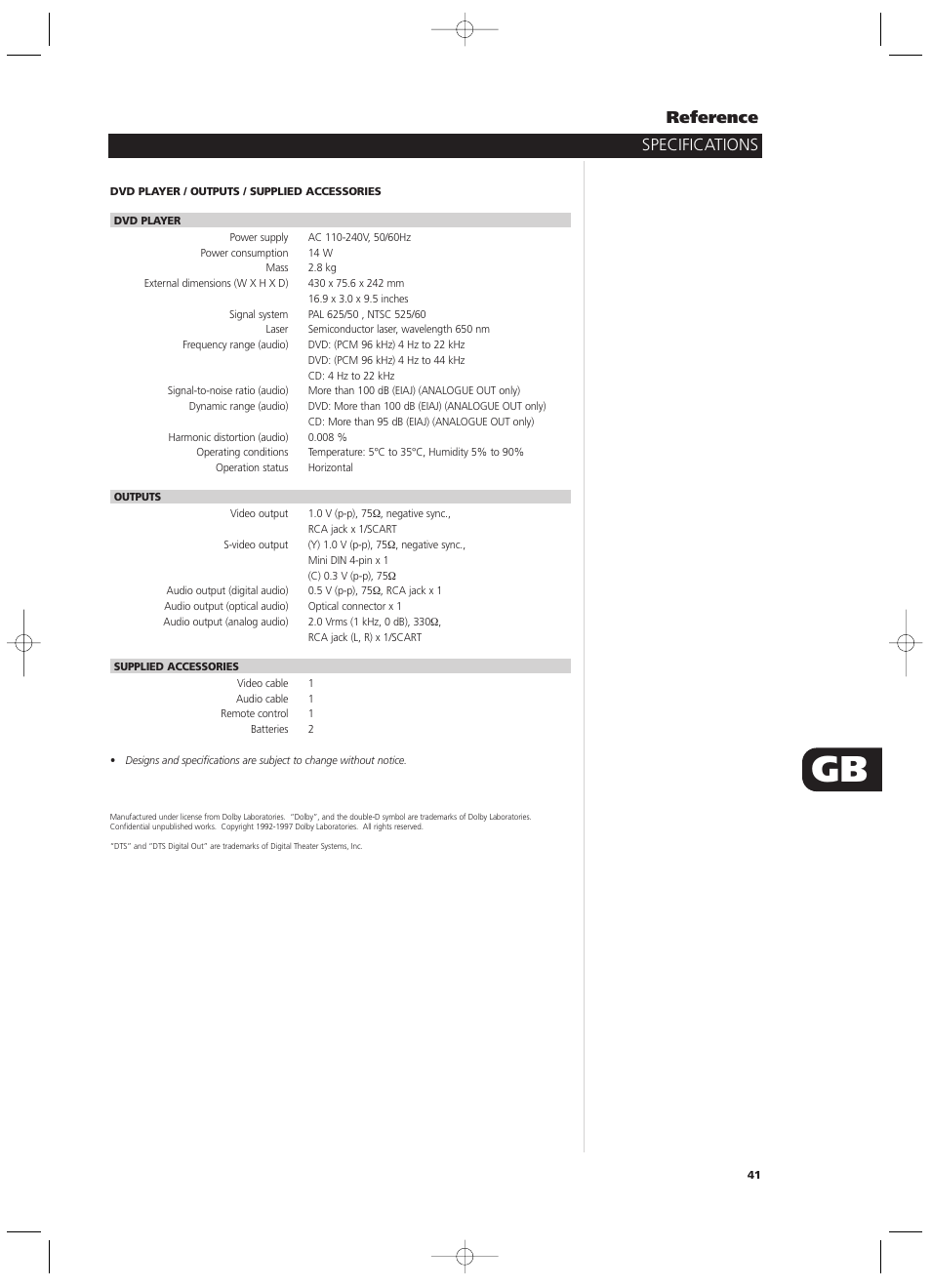 Specifications reference | NAD T532/T512 User Manual | Page 41 / 42