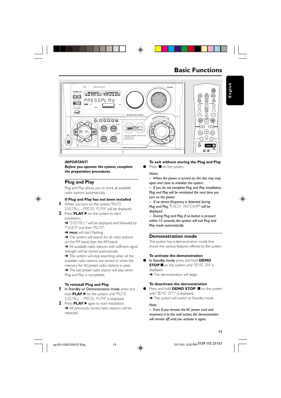 Basic functions, Plug and play, Demonstration mode | NAD FWC555 User Manual | Page 13 / 31