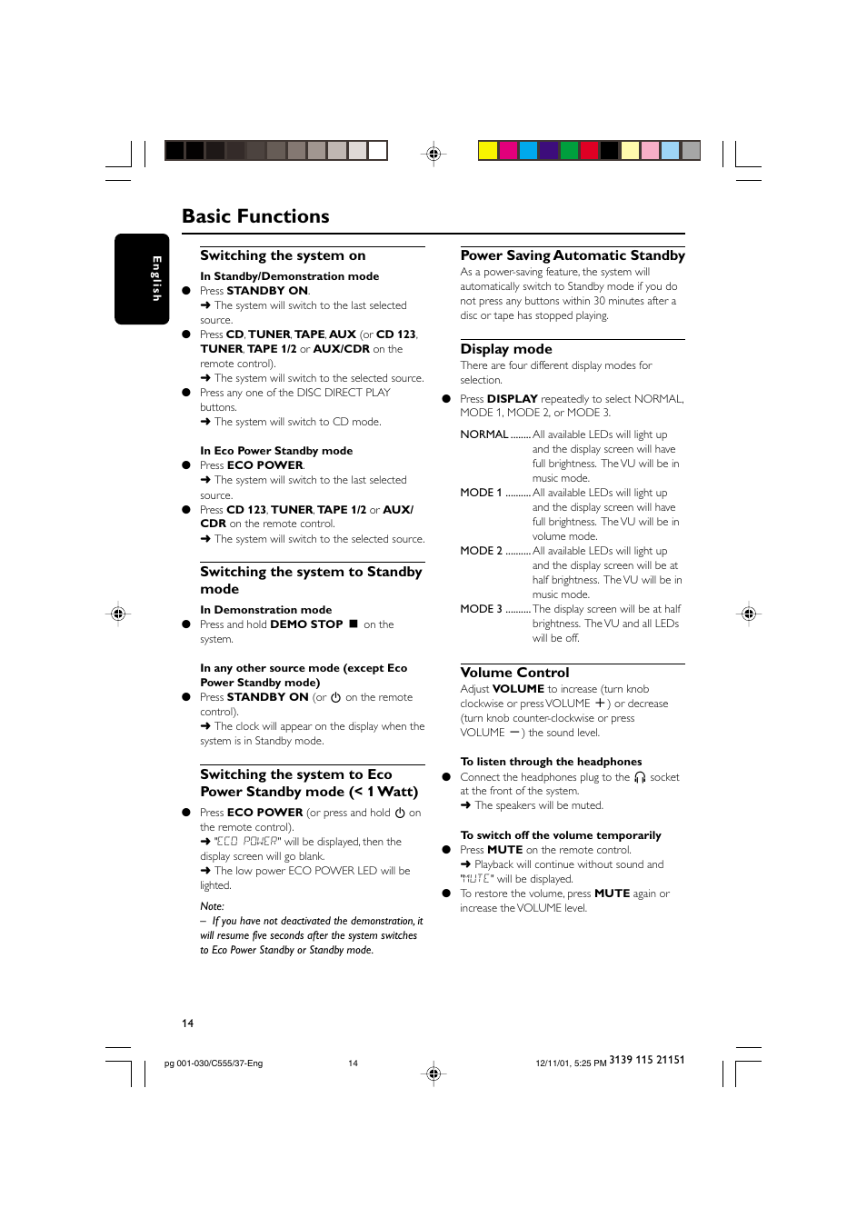 Basic functions, Switching the system on, Switching the system to standby mode | Power saving automatic standby, Display mode, Volume control | NAD FWC555 User Manual | Page 14 / 31