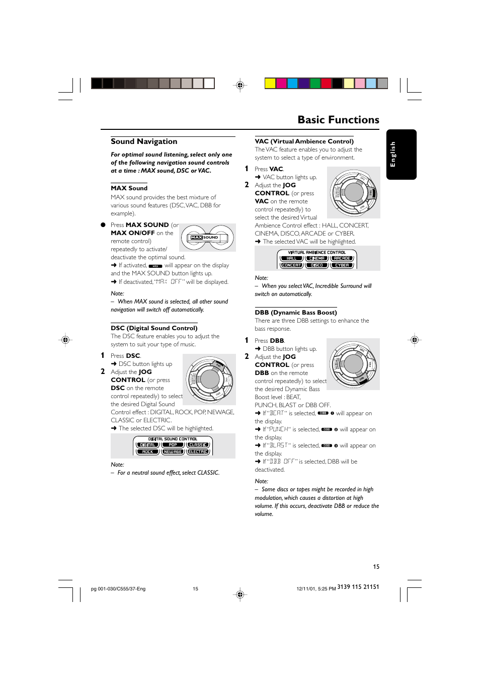 Basic functions, Sound navigation, Press dsc . ➜ dsc button lights up | Press vac . ➜ vac button lights up, Press dbb . ➜ dbb button lights up | NAD FWC555 User Manual | Page 15 / 31