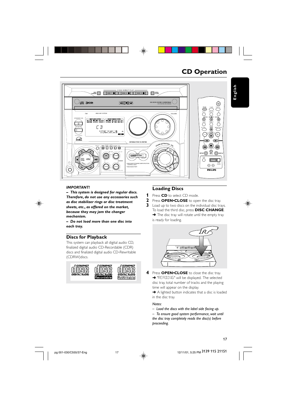 Cd operation, Discs for playback, Loading discs 1 | Disc change, Open•close, Press cd to select cd mode, Press open•close to open the disc tray | NAD FWC555 User Manual | Page 17 / 31