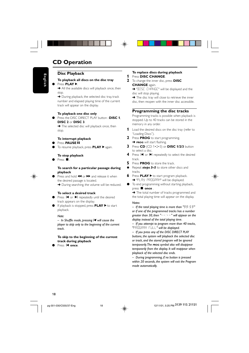 Cd operation, Disc playback, Programming the disc tracks | NAD FWC555 User Manual | Page 18 / 31