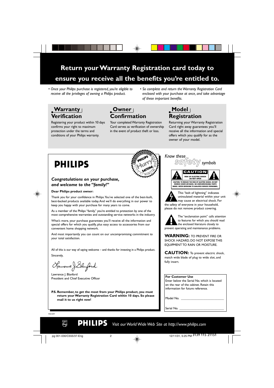 Ssa affe etty y, Hurry, Warranty verification | Owner confirmation, Model registration, Know these, Symbols | NAD FWC555 User Manual | Page 2 / 31