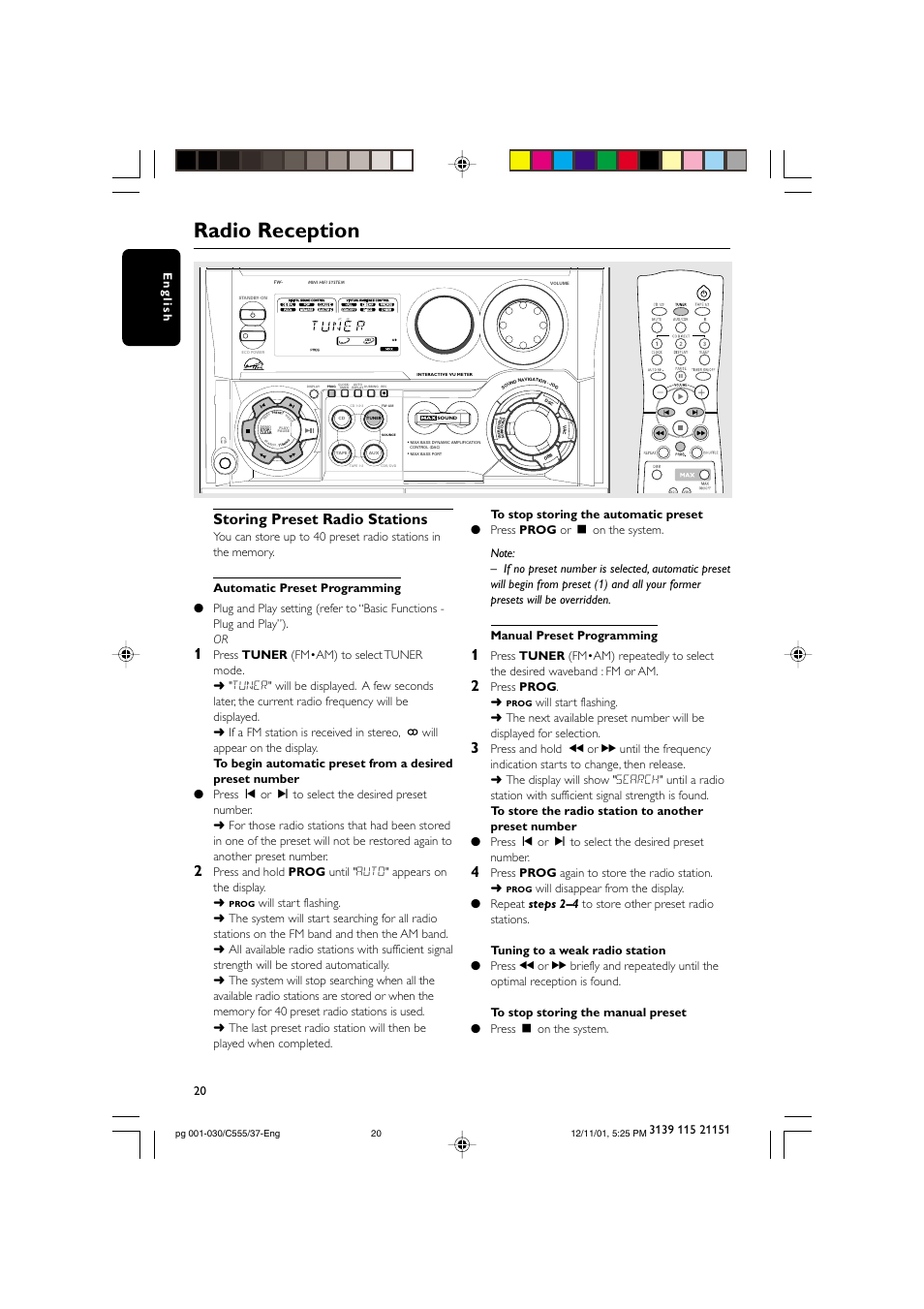 Radio reception, Storing preset radio stations, Press prog | Press prog again to store the radio station | NAD FWC555 User Manual | Page 20 / 31