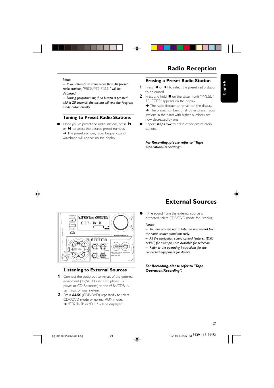 Radio reception external sources, Tuning to preset radio stations, Listening to external sources 1 | Erasing a preset radio station 1 | NAD FWC555 User Manual | Page 21 / 31