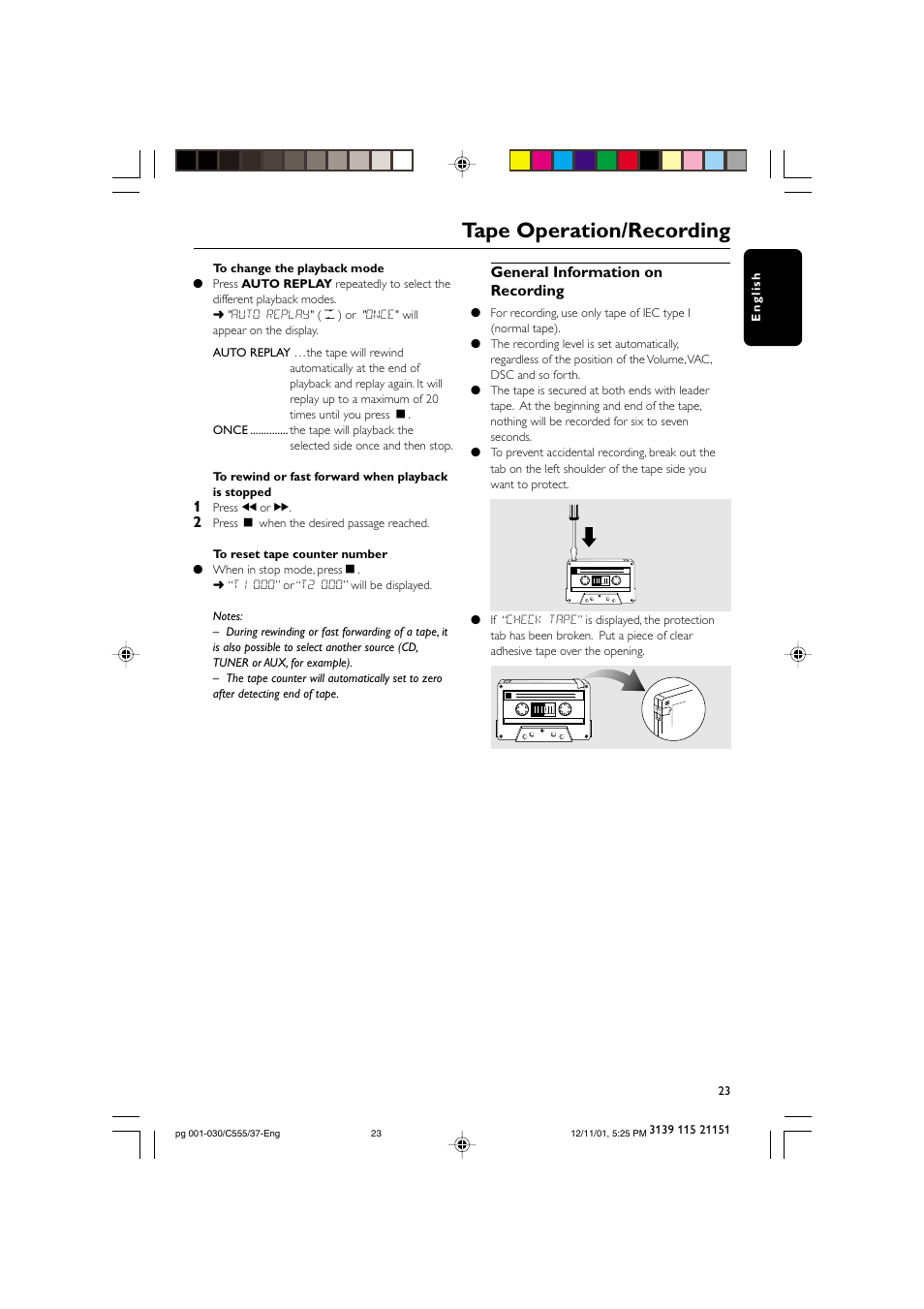 Tape operation/recording, General information on recording | NAD FWC555 User Manual | Page 23 / 31