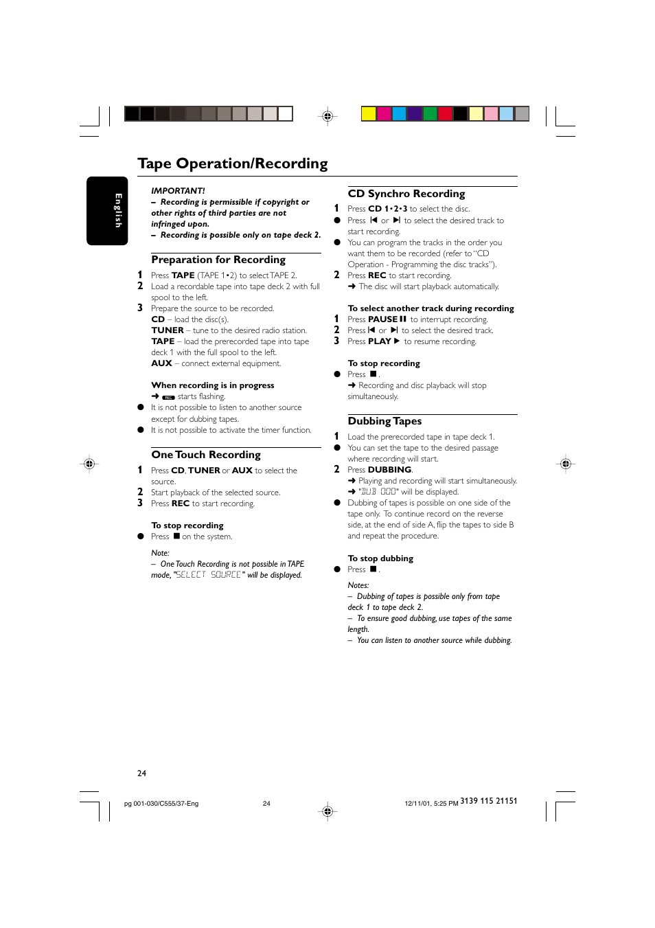 Tape operation/recording | NAD FWC555 User Manual | Page 24 / 31