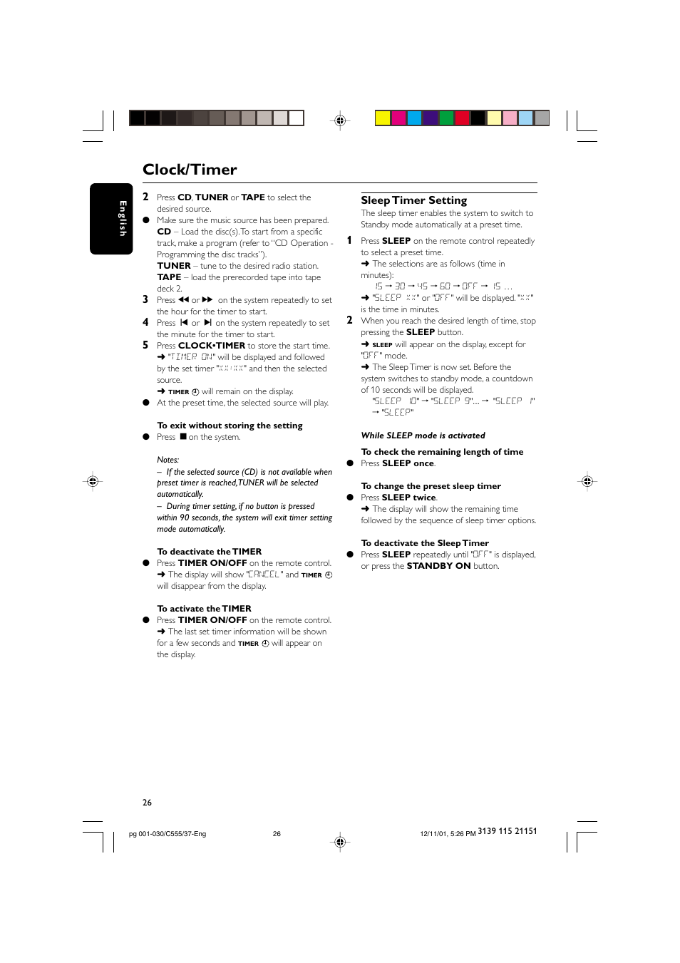 Clock/timer, Sleep timer setting | NAD FWC555 User Manual | Page 26 / 31