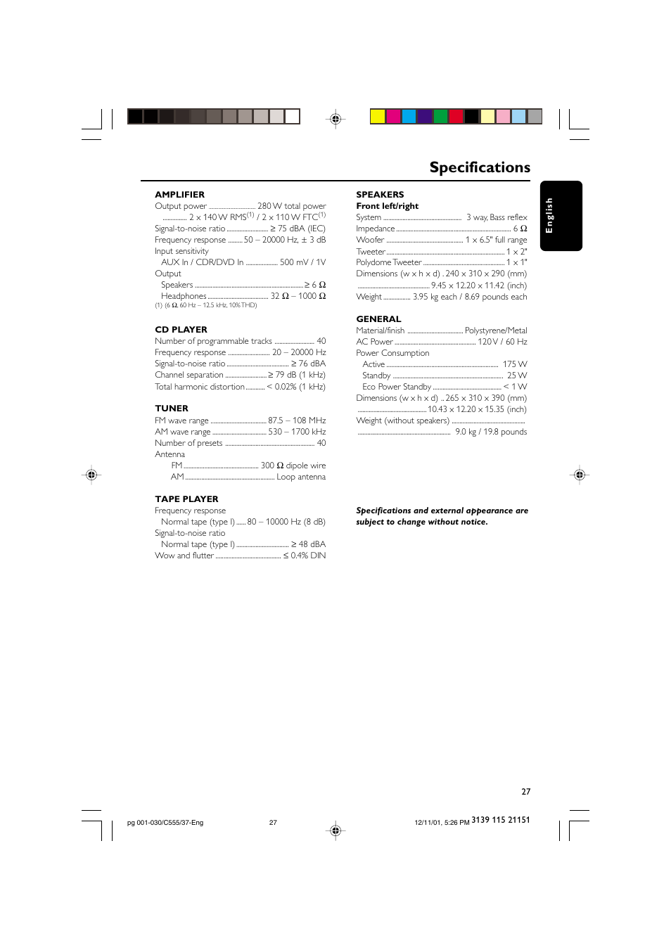 Specifications | NAD FWC555 User Manual | Page 27 / 31