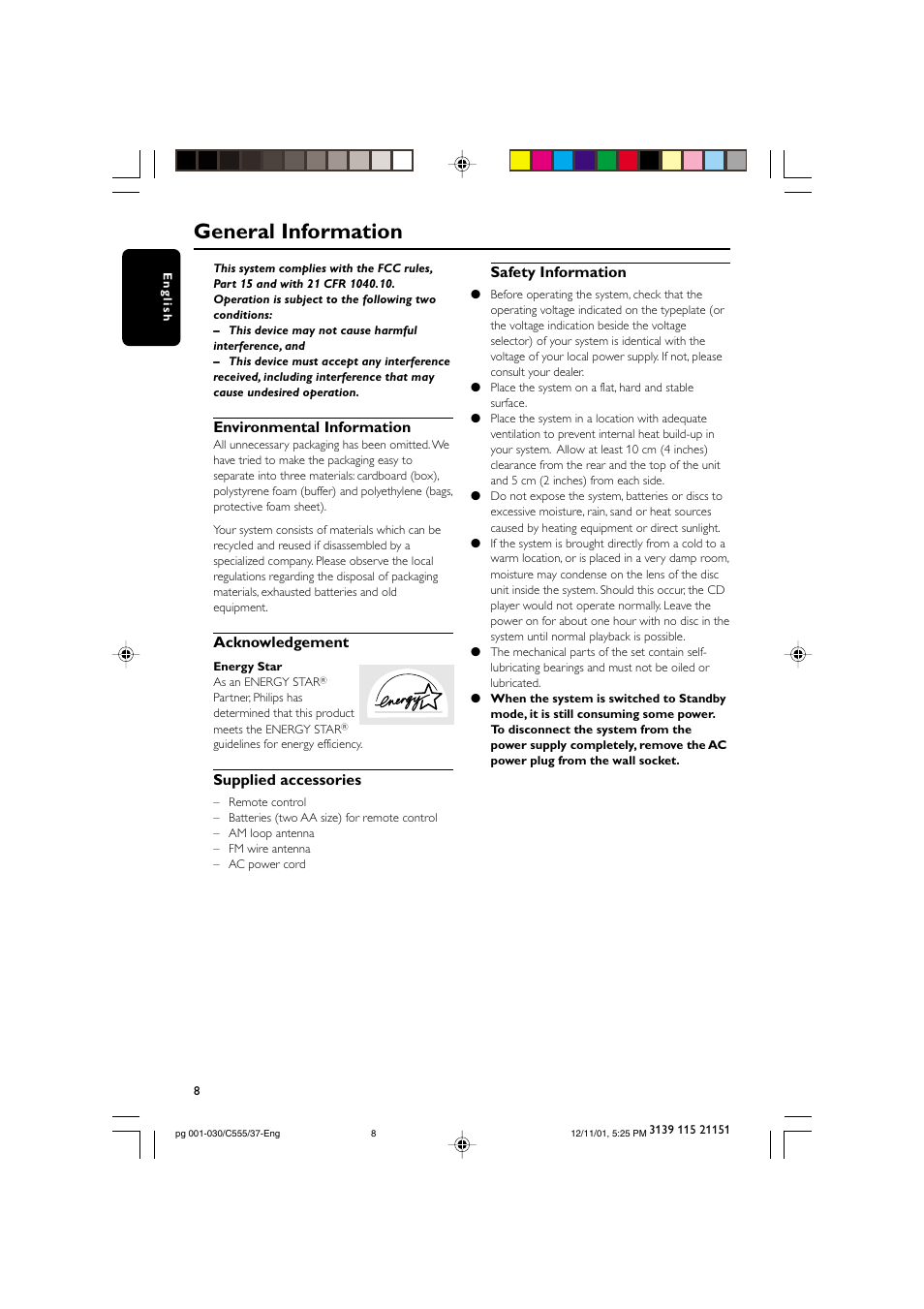 General information, Environmental information, Acknowledgement | Supplied accessories, Safety information | NAD FWC555 User Manual | Page 8 / 31